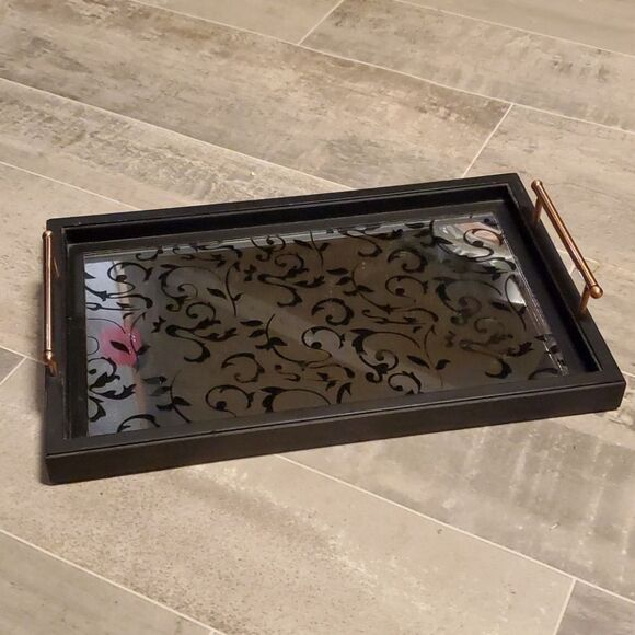 Heavy Glass Wooden w/Copper Handle Tray - Picture 4 of 7